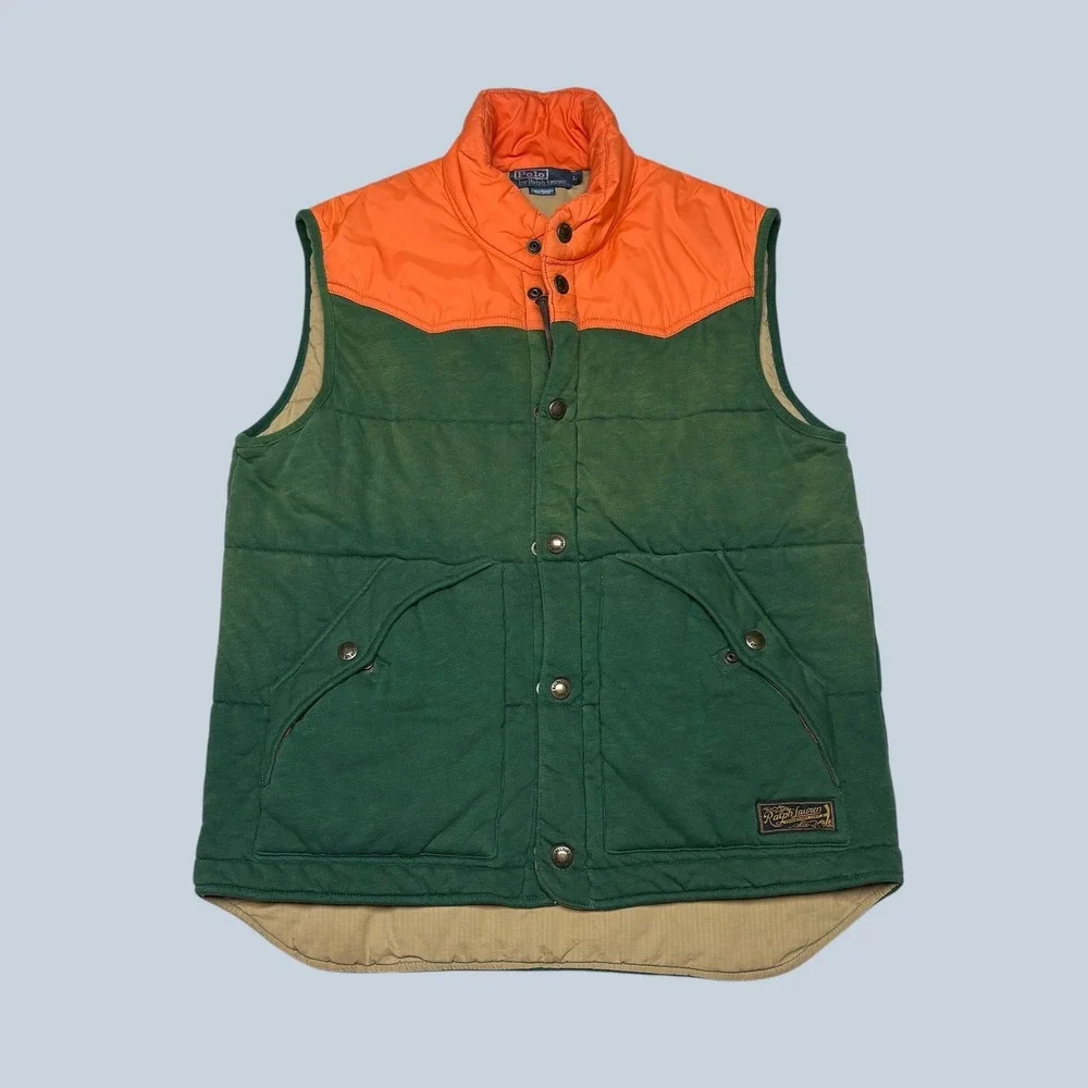 Polo Ralph Lauren Mens Green Orange Colorblock Quilted Puffer Vest Large